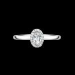 Custom 18kt white gold engagement ring with an oval diamond halo. Front | Classic. FRIDA | Fine Jewellery.