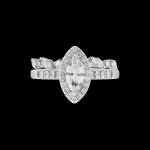 Custom 18kt white gold halo engagement ring with a marquise diamond with a diamond halo and shank with wedding band | Classic. FRIDA | Fine Jewellery.