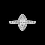 Custom 18kt white gold halo engagement ring with a marquise diamond with a diamond halo and shank. Front | Classic. FRIDA | Fine Jewellery.