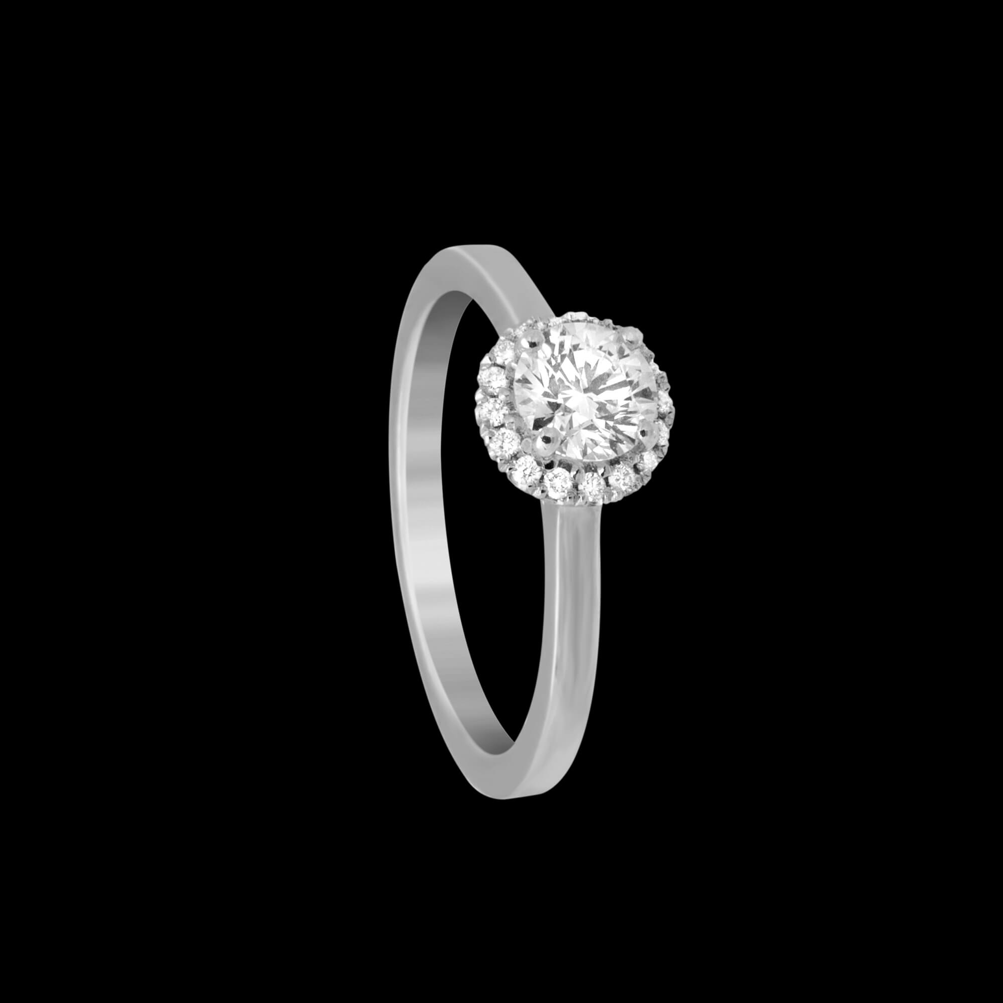 Custom 18kt white gold halo engagement ring with a round diamond | Classic. FRIDA | Fine Jewellery.
