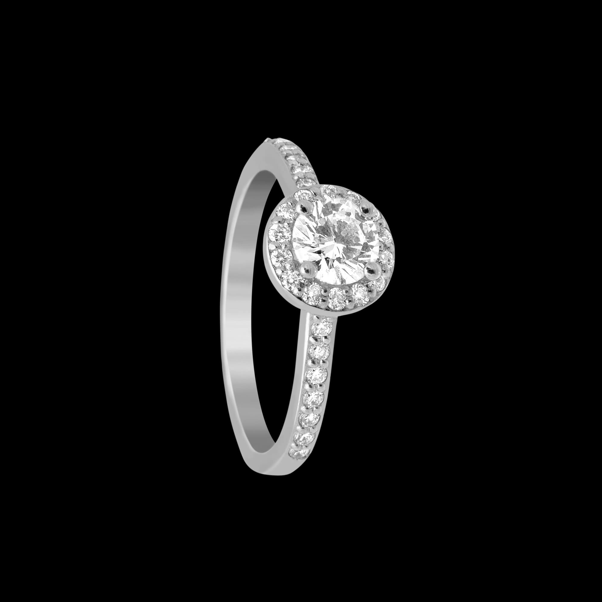 Custom 18kt white gold halo engagement ring with a round diamond and diamond shank | Classic. FRIDA | Fine Jewellery.