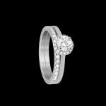 Custom 18kt white gold halo engagement ring with a round diamond with diamond wedding band | Classic. FRIDA | Fine Jewellery.