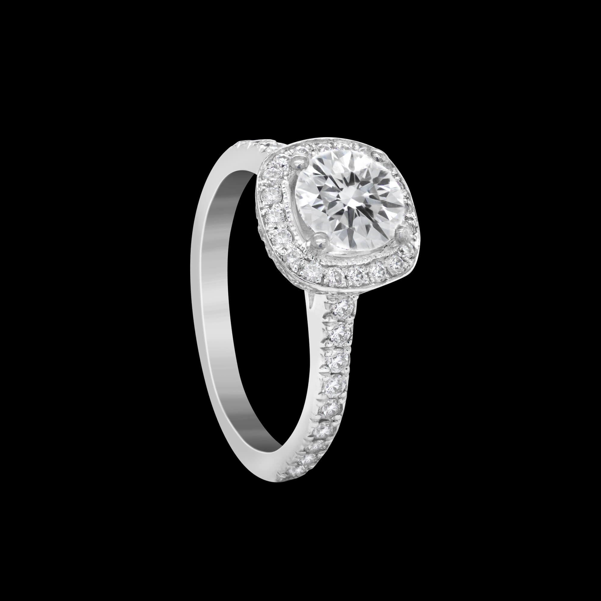 18kt White Gold Round Diamond Halo Pavé Shank Engagement Ring FRIDA