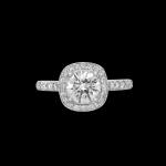 Custom 18kt white gold rounded-square halo engagement ring with a 1.15ct round brilliant-cut diamond and diamonds on the shank. Front | Classic Engagement. FRIDA | Fine Jewellery.