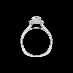 Custom 18kt white gold rounded-square halo engagement ring with a 1.15ct round brilliant-cut diamond and diamonds on the shank. Profile | Classic Engagement. FRIDA | Fine Jewellery.