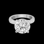 Custom 18kt white gold solitaire engagement ring with a 5ct round brilliant-cut diamond. Front. FRIDA | Fine Jewellery.