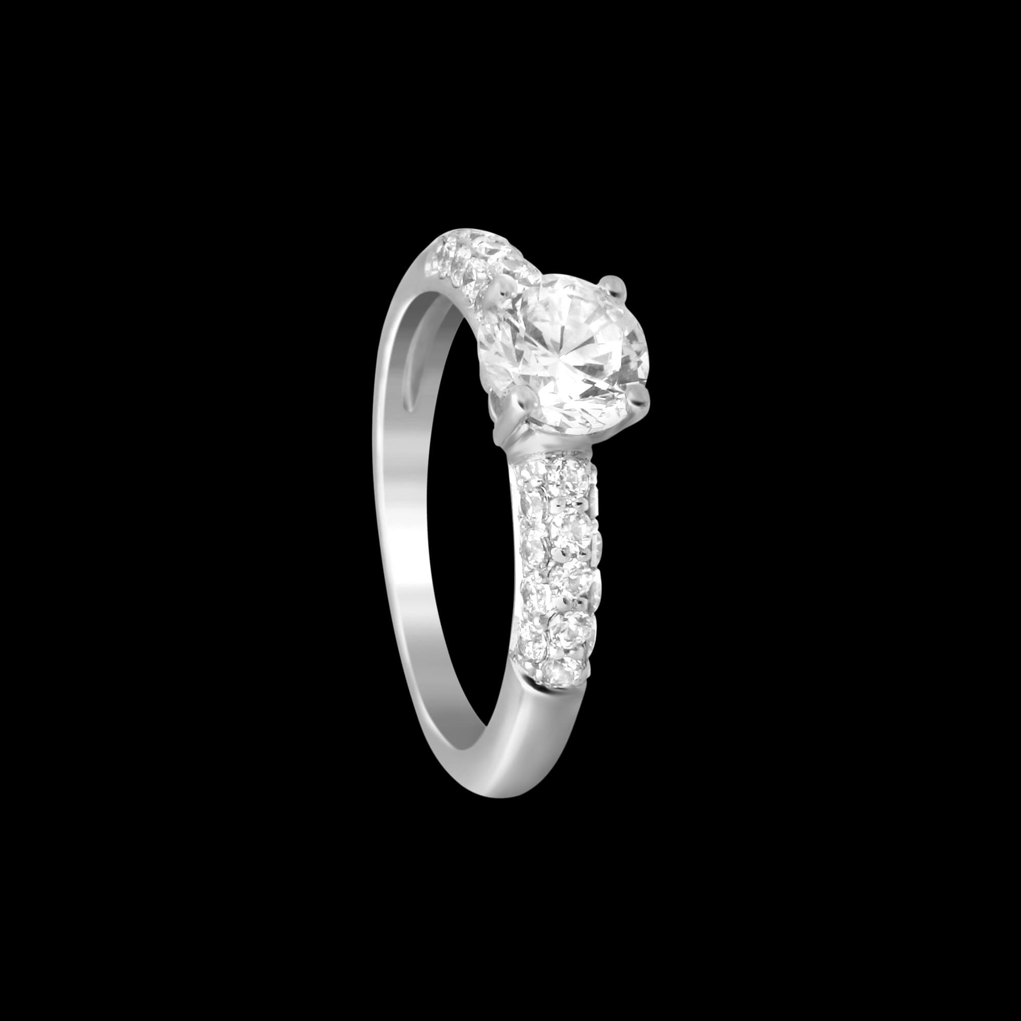 Custom 18kt white gold solitaire engagement ring with round centre diamond and pave shank. Side | Classic. FRIDA | Fine Jewellery.