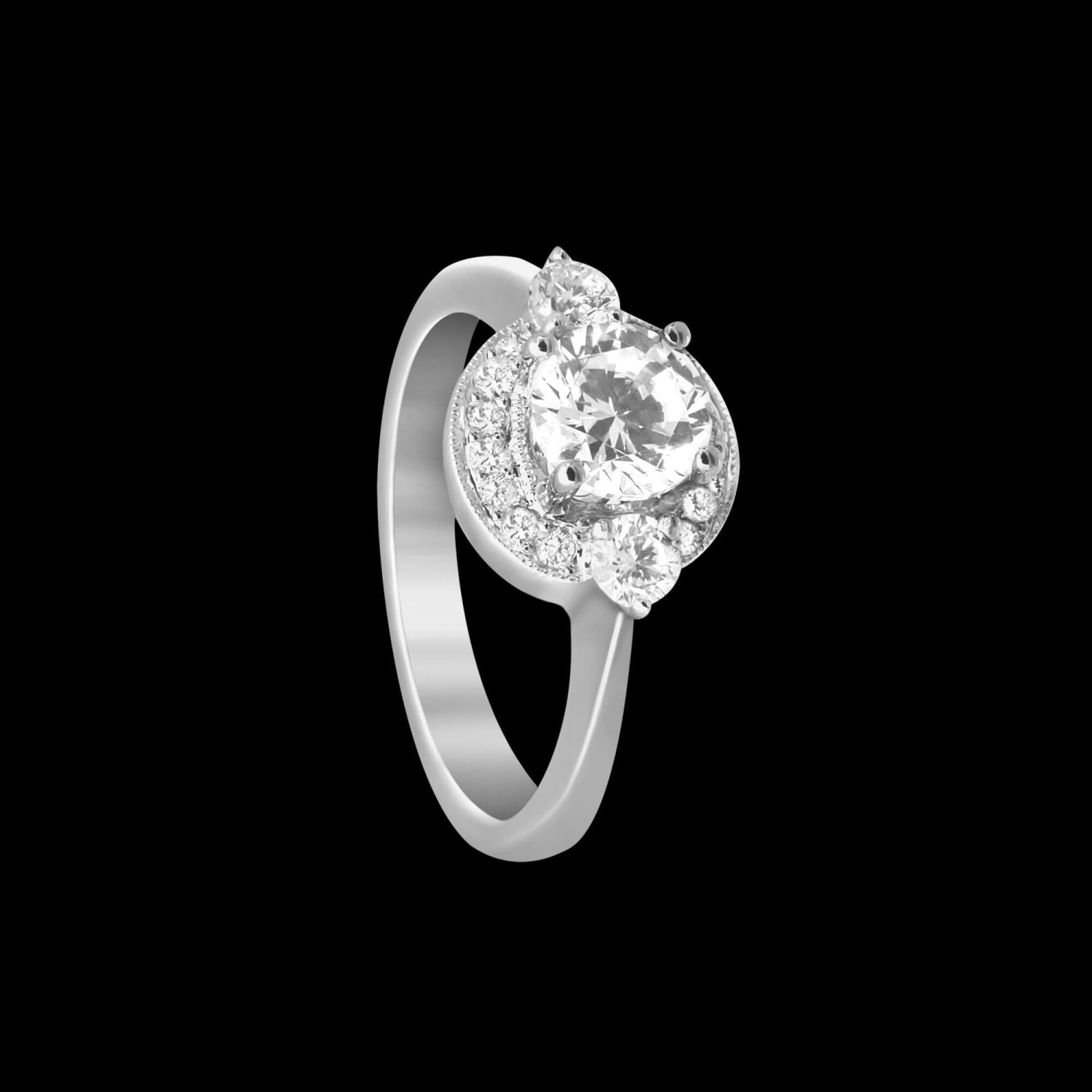 Custom 18kt white gold three stone halo Rania engagement ring with round diamonds | Classic. FRIDA | Fine Jewellery.