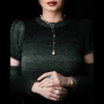 Custom 18kt white statement luxury diamond rings and keshi pearl lariat necklace. Model. FRIDA | Fine Jewellery.