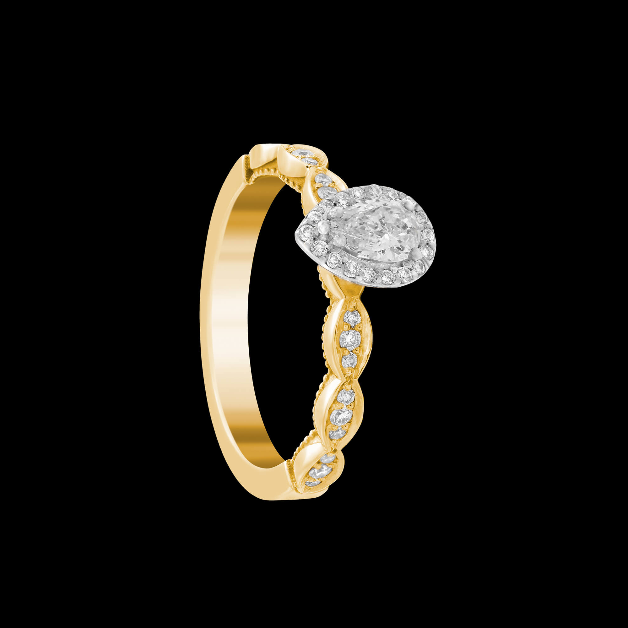 Custom 18kt yellow and white gold vintage-inspired pear diamond halo engagement ring | Classic. FRIDA | Fine Jewellery.