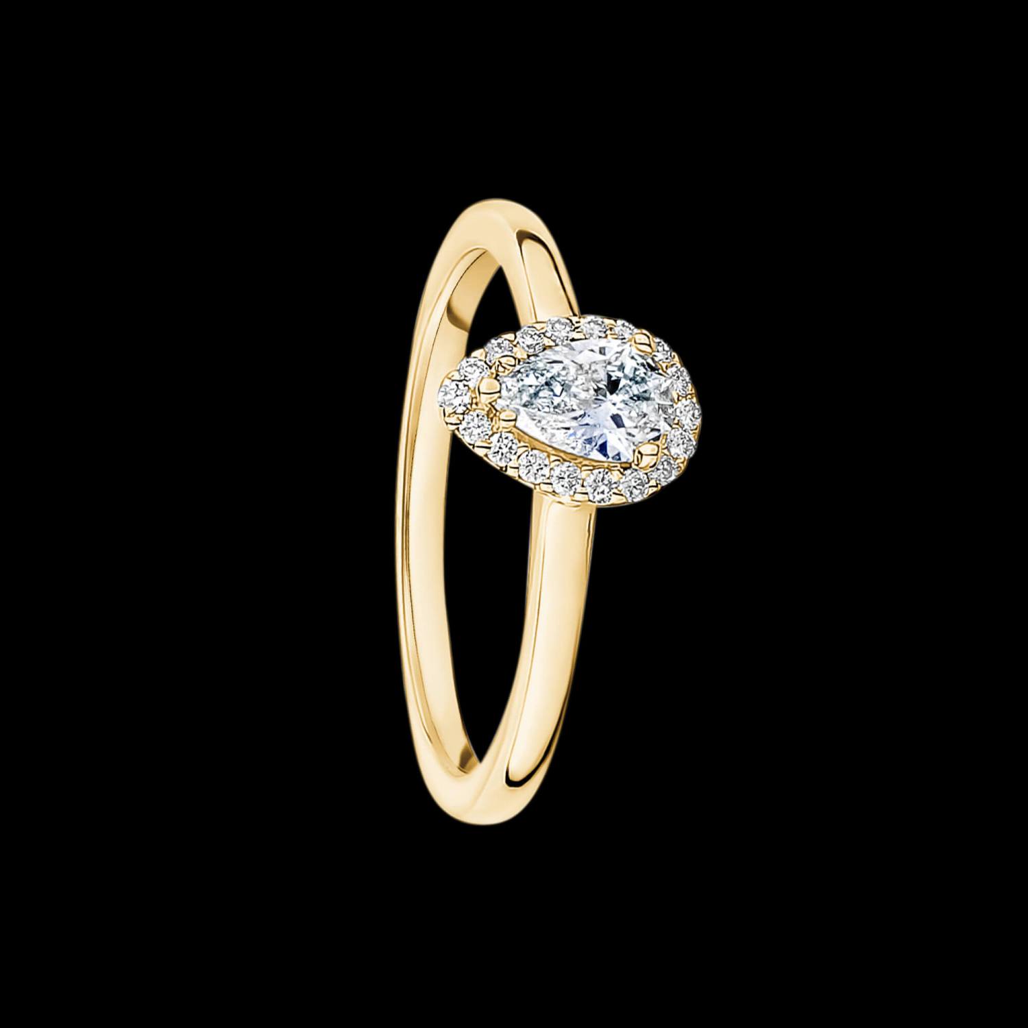 Custom 18kt yellow gold engagement ring with a pear shaped diamond halo | Classic. FRIDA | Fine Jewellery.