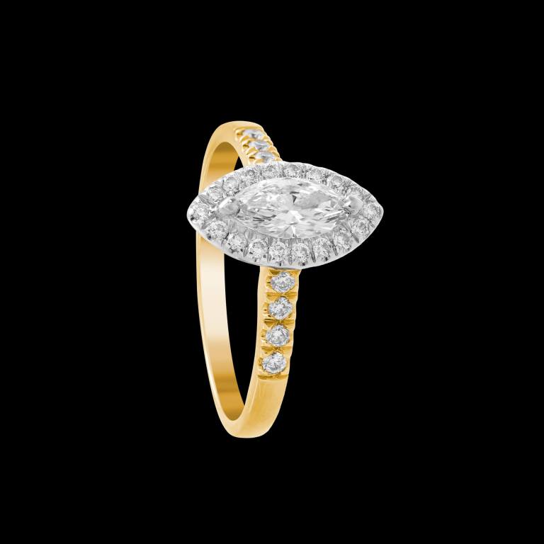 Custom 18kt yellow gold halo engagement ring with a marquise diamond with a diamond halo and shank | Classic. FRIDA | Fine Jewellery.