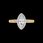 Custom 18kt yellow gold halo engagement ring with a marquise diamond with a diamond halo and shank. Front | Classic. FRIDA | Fine Jewellery.