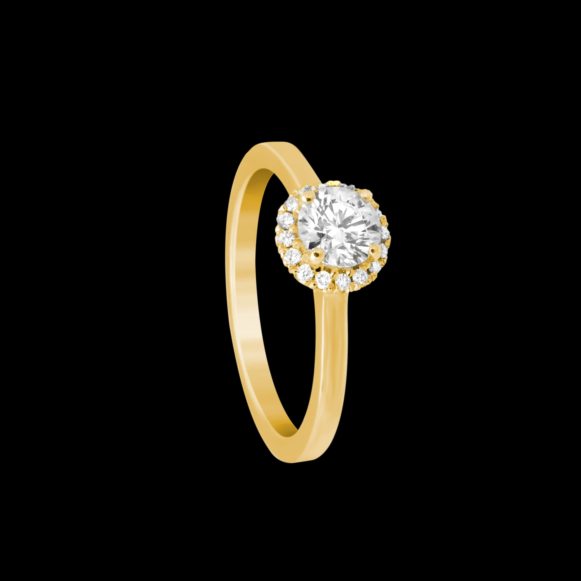 Custom 18kt yellow gold halo engagement ring with a round diamond | Classic. FRIDA | Fine Jewellery.
