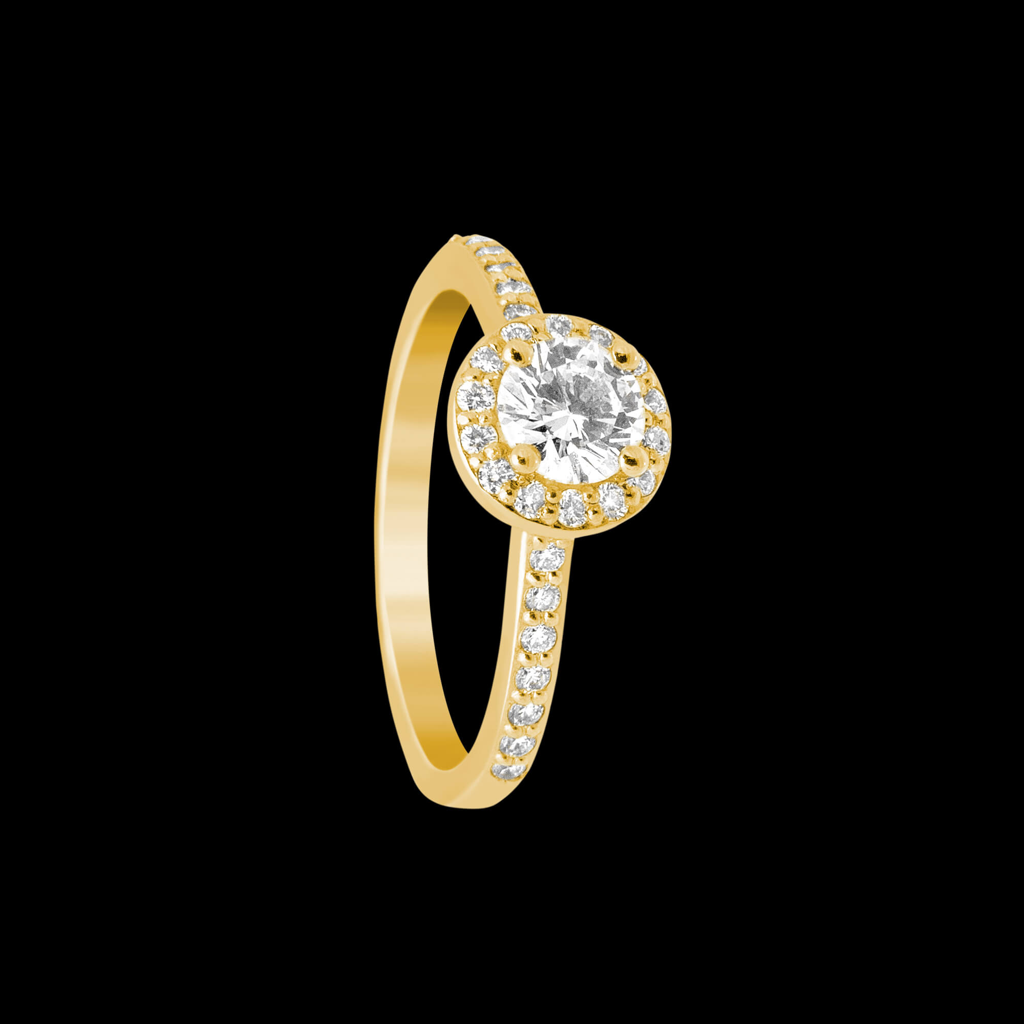 Custom 18kt yellow gold halo engagement ring with a round diamond and diamond shank | Classic. FRIDA | Fine Jewellery.