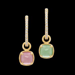 Custom detachable 18kt yellow gold gem drops with green and pink tourmalines on diamond hoops. FRIDA | Fine Jewellery.