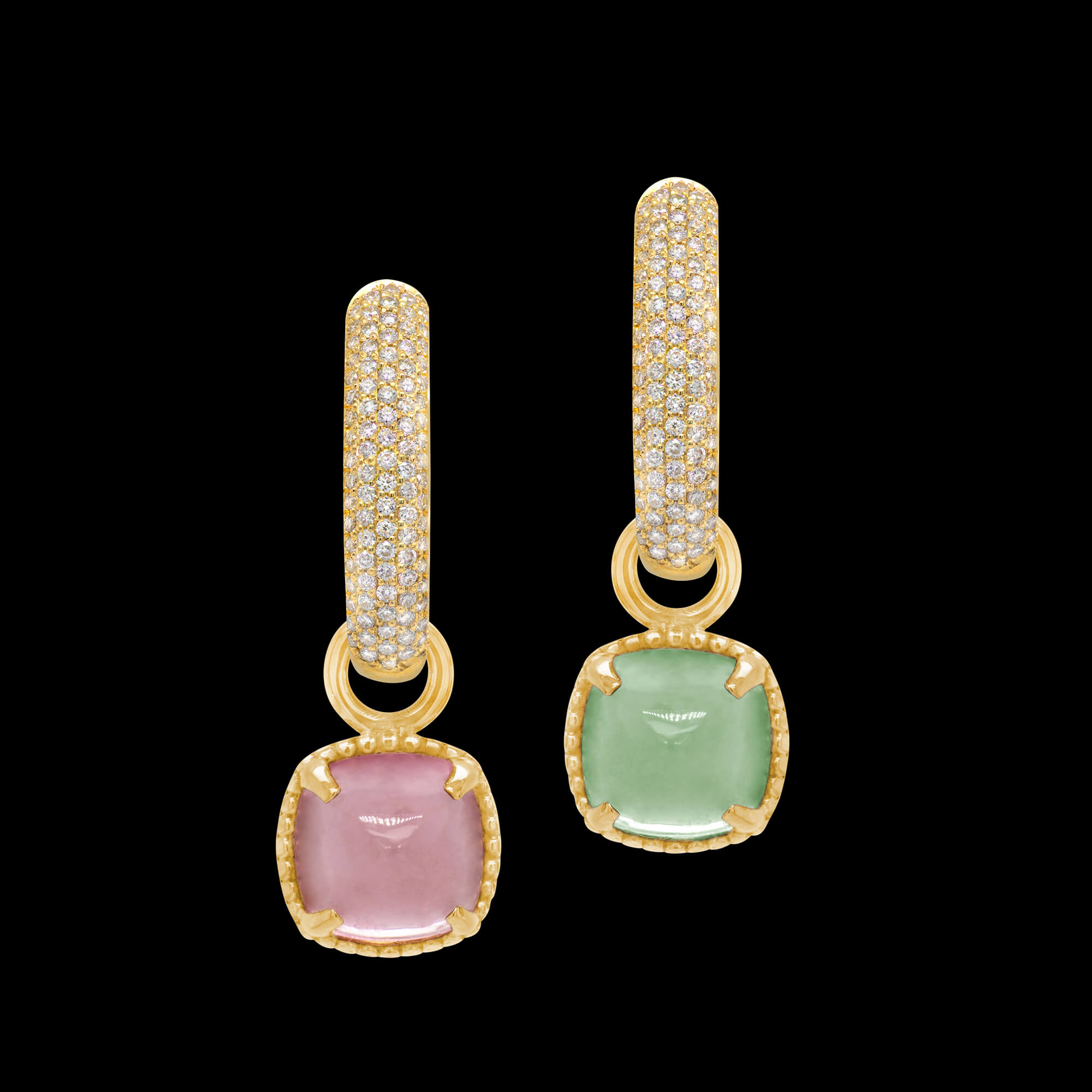 Custom detachable 18kt yellow gold gem drops with green and pink tourmalines on diamond huggie hoops. FRIDA | Fine Jewellery.
