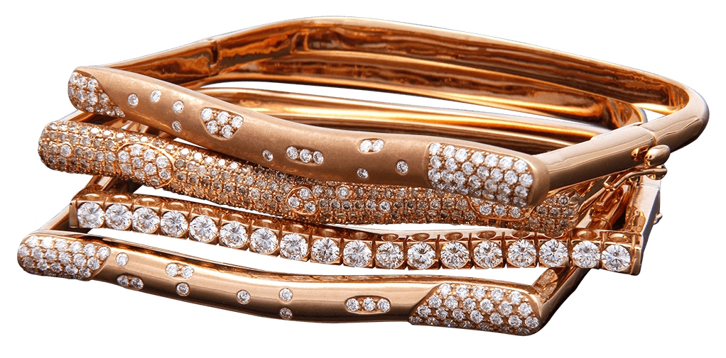 Stacking 18kt pink gold bracelets with diamonds and gemstones | Strata™ Collection. FRIDA | Fine Jewellery.