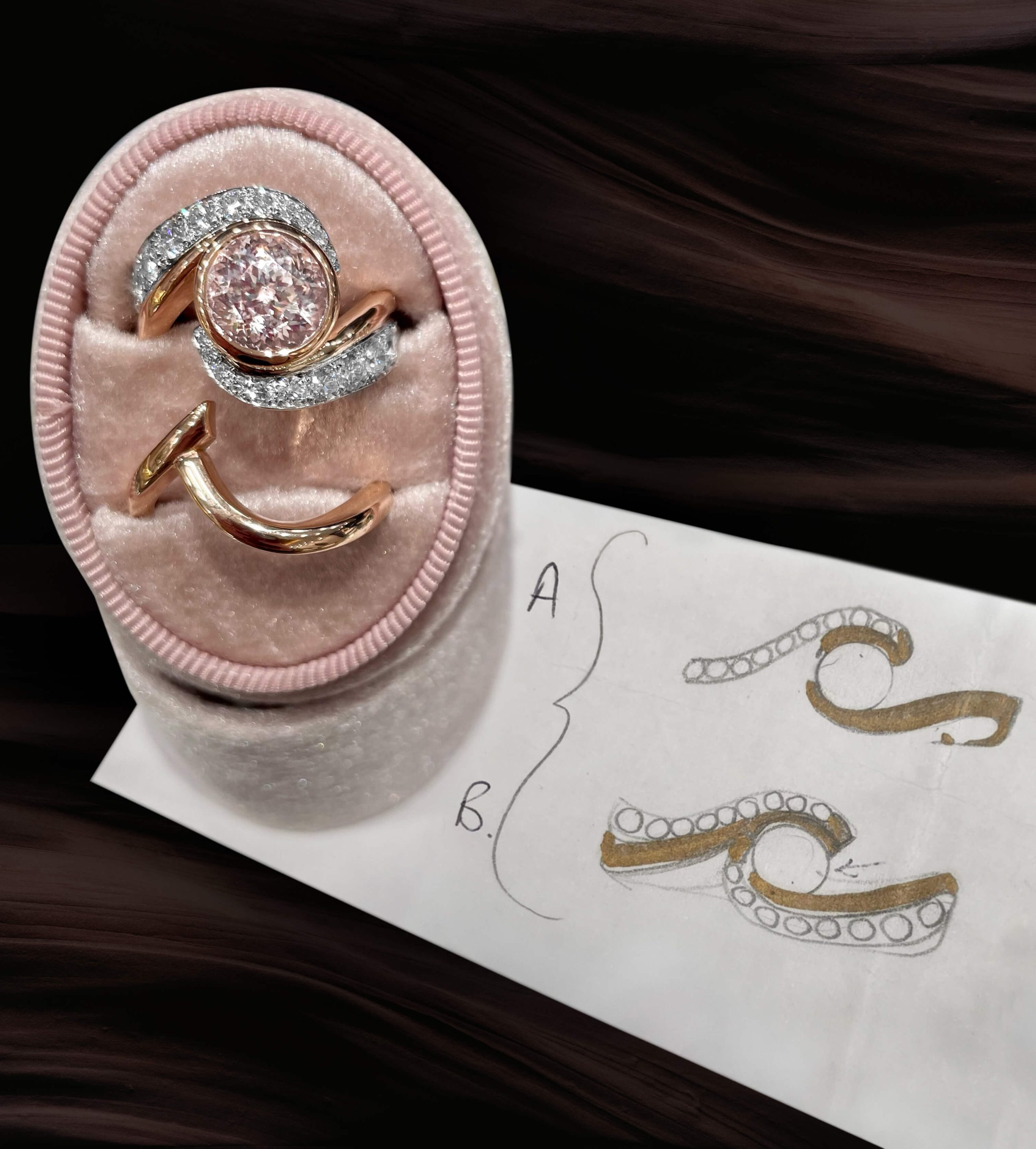 Bespoke 18kt pink and white gold engagement ring with a pale pink sapphire and diamonds. Sketch. FRIDA | Fine Jewellery.