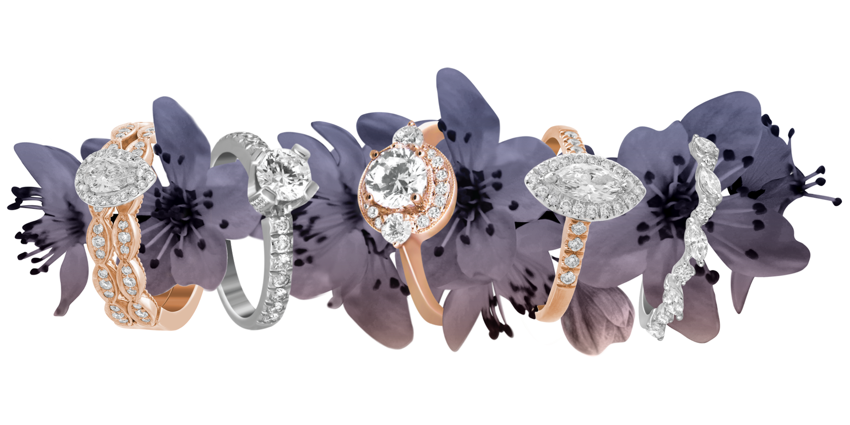 Custom engagement rings and wedding bands on flowers | Classic. FRIDA | Fine Jewellery.