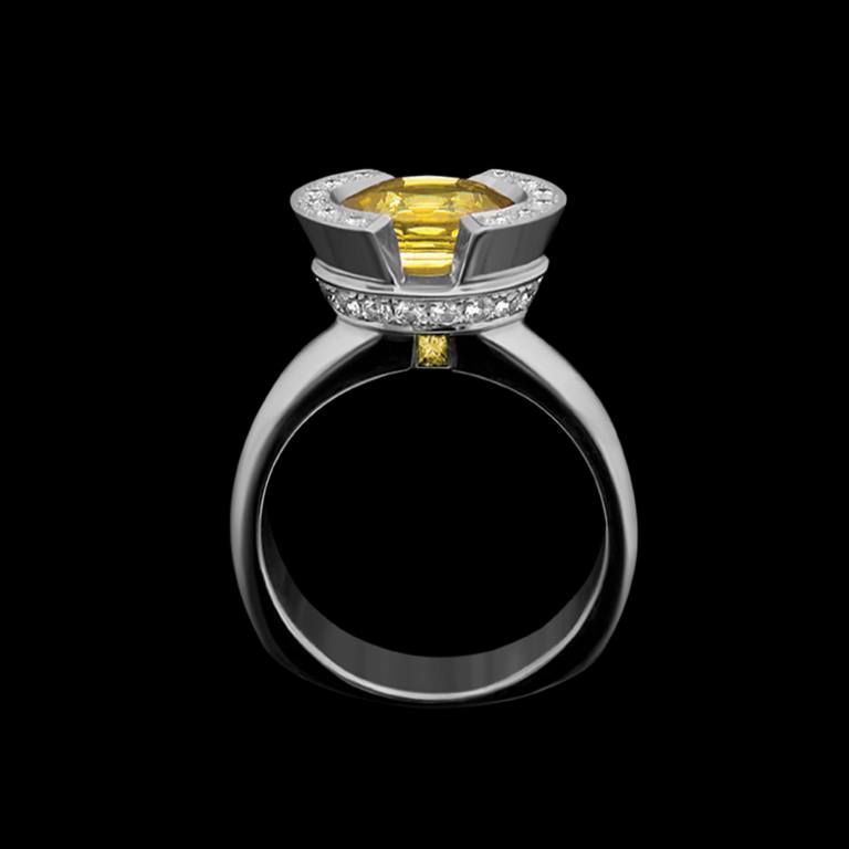 Custom 18kt white gold Luna engagement ring with an oval yellow sapphire and diamonds. Celestial Collection. FRIDA | Fine Jewellery.
