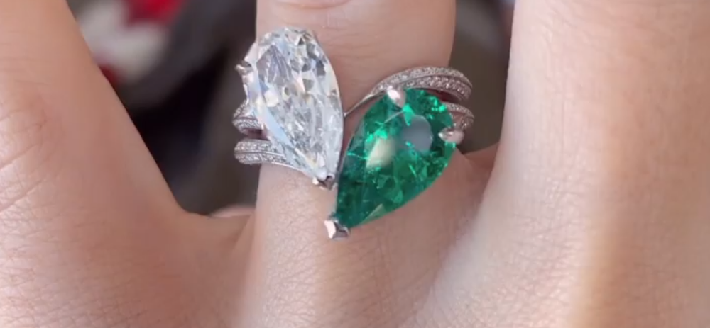 Top Engagement Ring Trends. Megan Fox’s engagement ring featuring a pear-shaped diamond and emerald. In The Loupe Blog. FRIDA | Fine Jewellery.