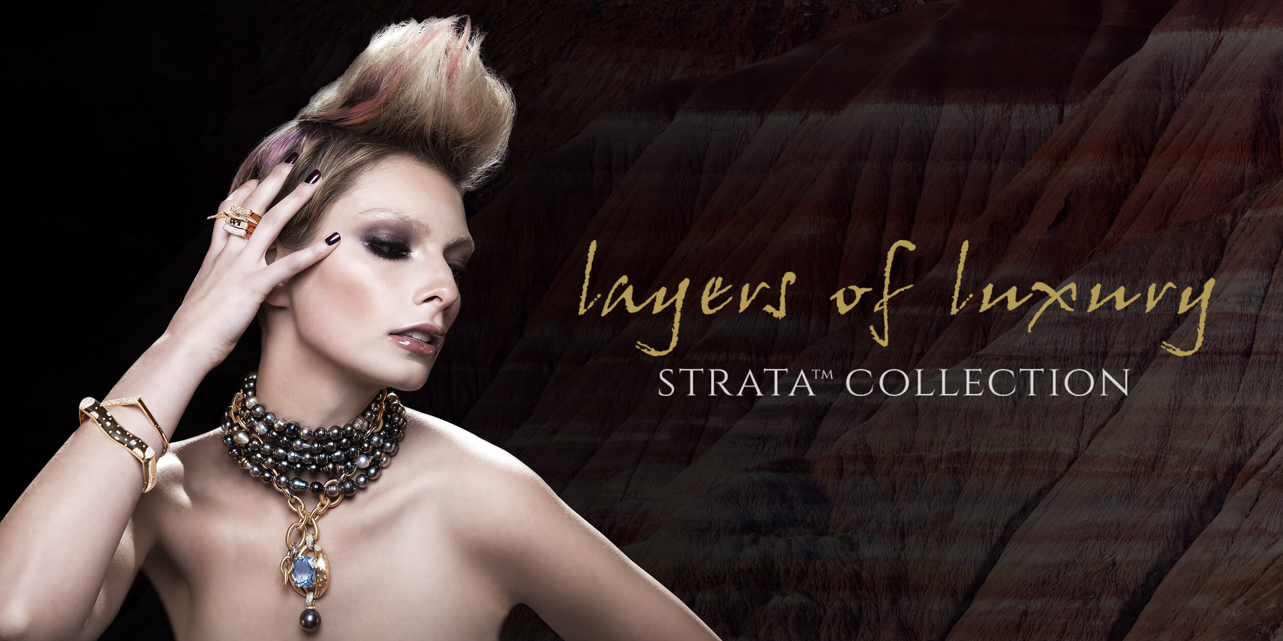 Custom 18kt yellow gold stacking rings and bracelets with diamonds and gemstones. Layers of luxury. Banner. Emma Lamb | Strata™ Collection. FRIDA | Fine Jewellery.