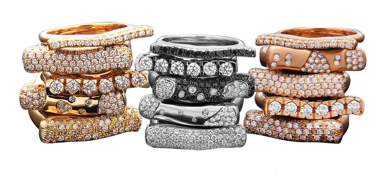 Custom stacking rings in 18kt yellow, white and pink gold with diamonds and gemstones | Strata Collection. FRIDA | Fine Jewellery.