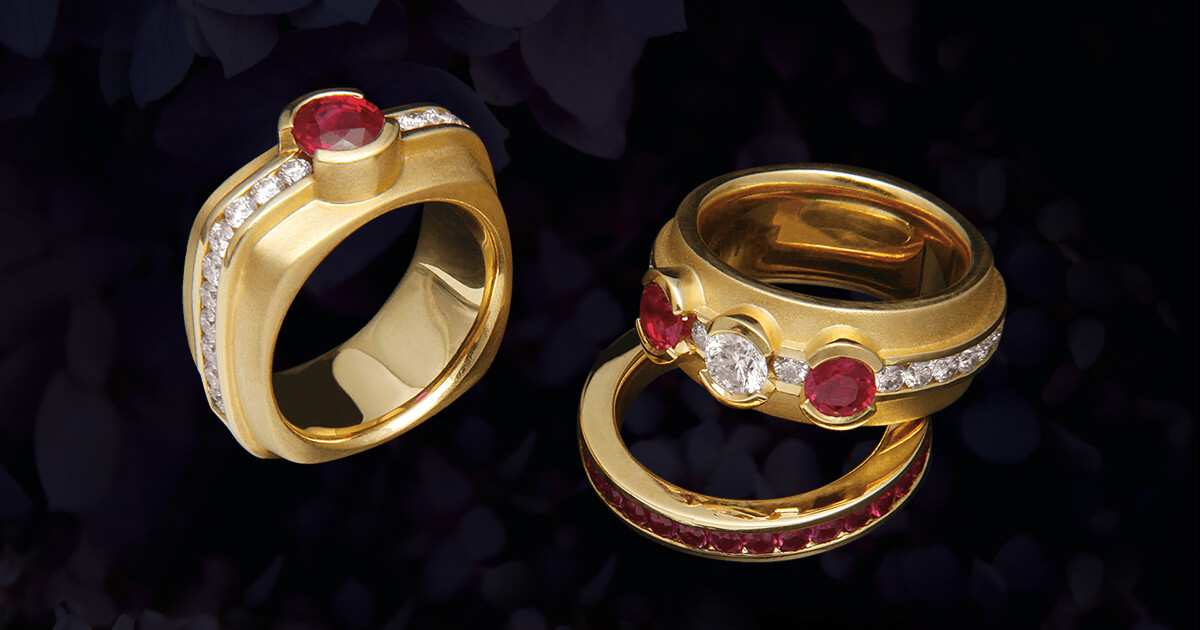 Custom 18kt gold Elska collection enagagement rings with diamonds and rubies. Elska Banner | Signature Engagement. FRIDA | Fine Jewellery.