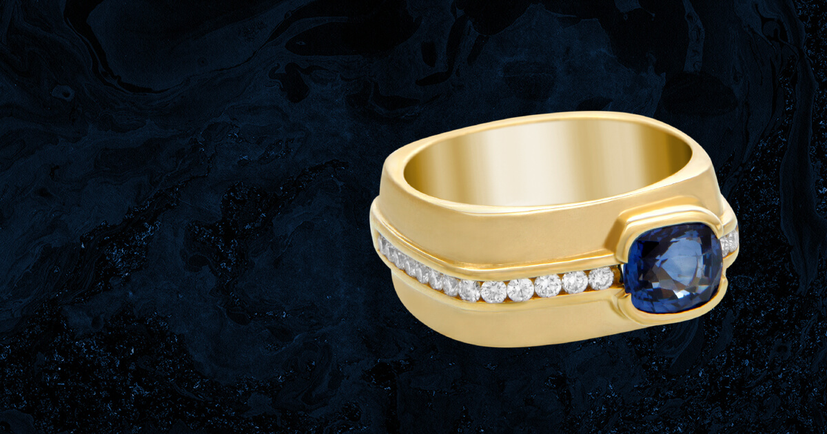 Custom 18kt gold men's rings and jewellery. Blue sapphire and diamonds. Banner. FRIDA | Fine Jewellery.
