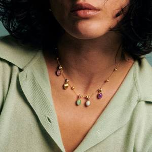 18kt yellow gold Nanis charm boules with coloured gemstones and diamonds. Necklace | Italian Brand. FRIDA | Fine Jewellery.