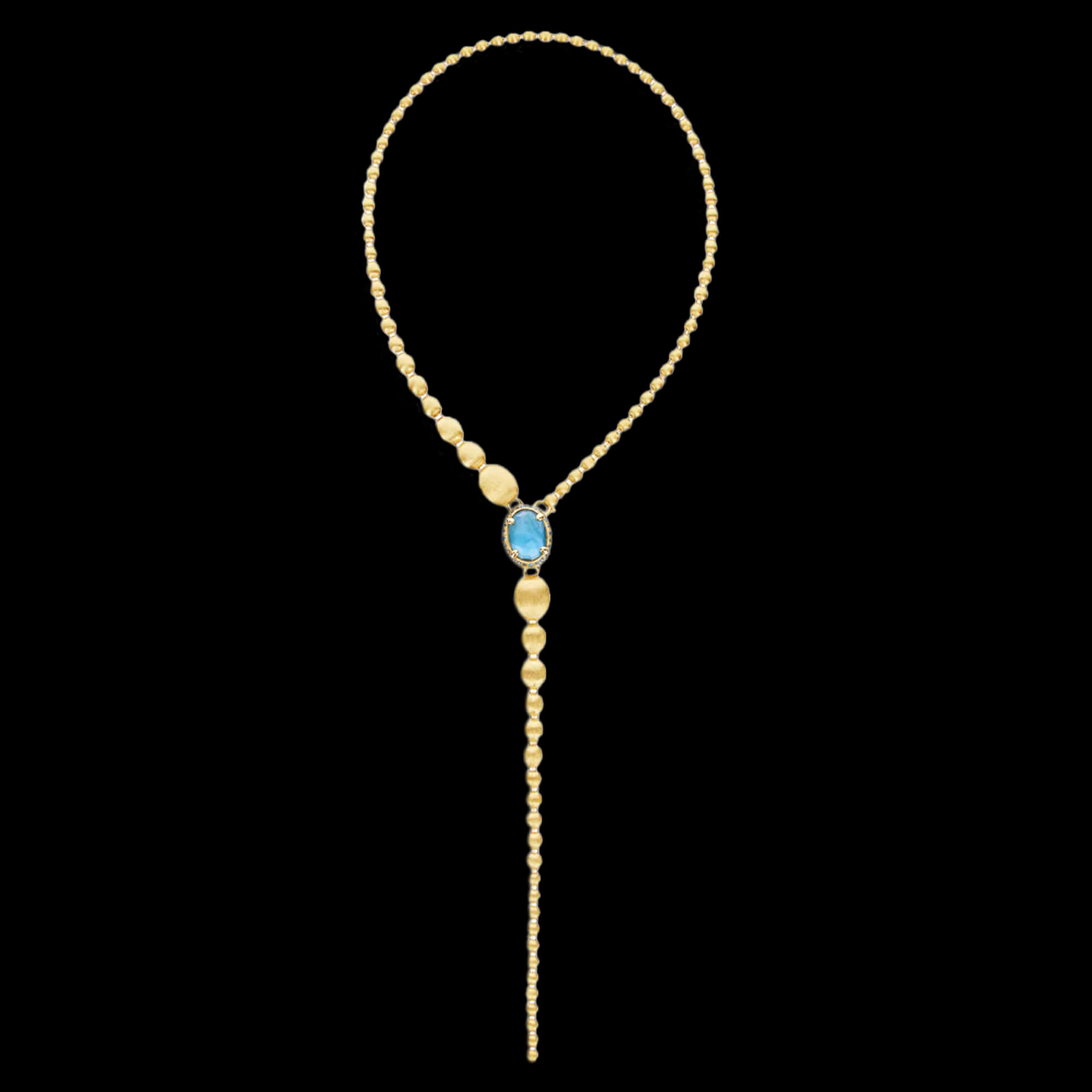 18kt yellow gold large reverse convertible Y Nanis statement necklace with blue diamonds, topaz and green sapphires. Lariat | Italian Brand. FRIDA | Fine Jewellery.