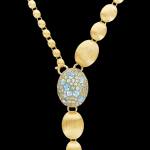 18kt yellow gold large reverse convertible Y Nanis statement necklace with blue diamonds, topaz and green sapphires. Lariat close 2 | Italian Brand. FRIDA | Fine Jewellery.