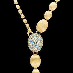 18kt yellow gold large reverse convertible Y Nanis statement necklace with blue diamonds, topaz and green sapphires. Lariat close 2 | Italian Brand. FRIDA | Fine Jewellery.
