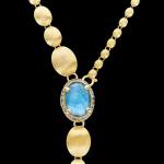 18kt yellow gold large reverse convertible Y Nanis statement necklace with blue diamonds, topaz and green sapphires. Lariat close | Italian Brand. FRIDA | Fine Jewellery.
