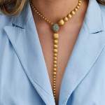 18kt yellow gold large reverse convertible Y Nanis statement necklace with blue diamonds, topaz and green sapphires. Lariat close perspective 2 | Italian Brand. FRIDA | Fine Jewellery.