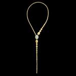 18kt yellow gold large reverse convertible Y Nanis statement necklace with blue diamonds, topaz and green sapphires. Lariat side | Italian Brand. FRIDA | Fine Jewellery.