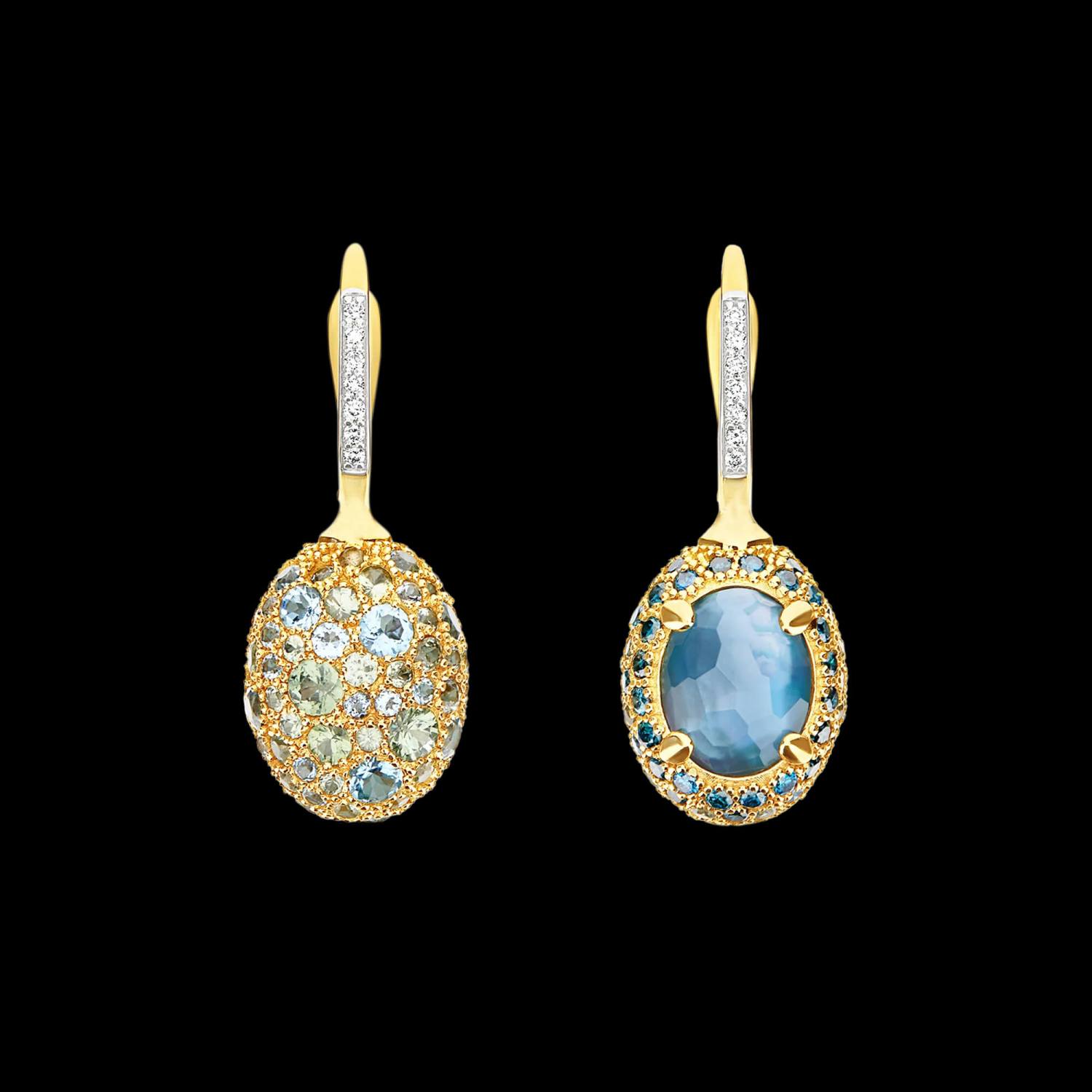 18kt yellow gold medium double-faced Nanis drop earrings with blue diamonds, topaz and green sapphires | Italian Brand. FRIDA | Fine Jewellery.