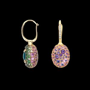 18kt yellow gold medium double-faced Nanis drop earrings with multi-coloured gemstones. Side | Italian Brand. FRIDA | Fine Jewellery.