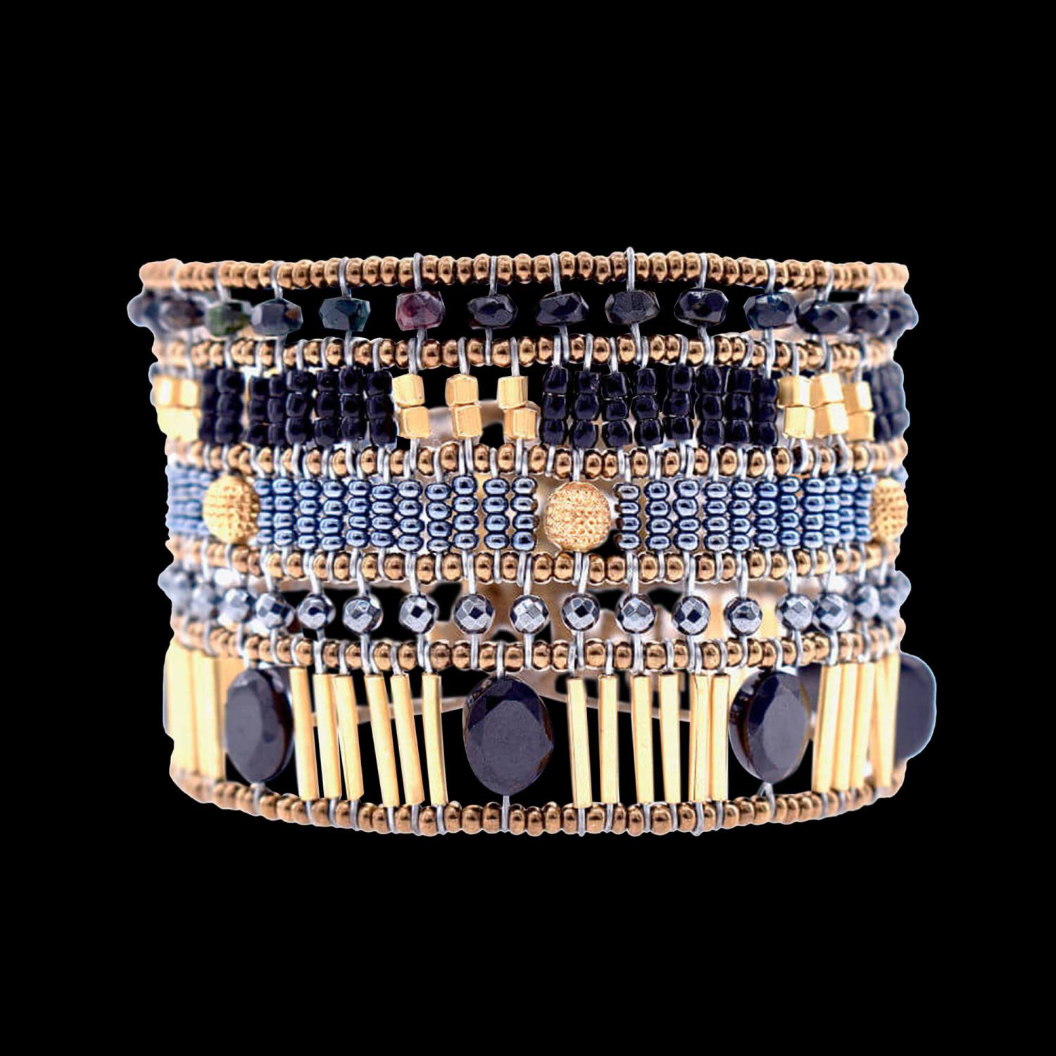 Black Bombay bracelet with hematite, tourmaline, onyx, gold-plated brass, Murano glass beads and sterling silver. Featured Brand | ZIIO. FRIDA | Fine Jewellery.