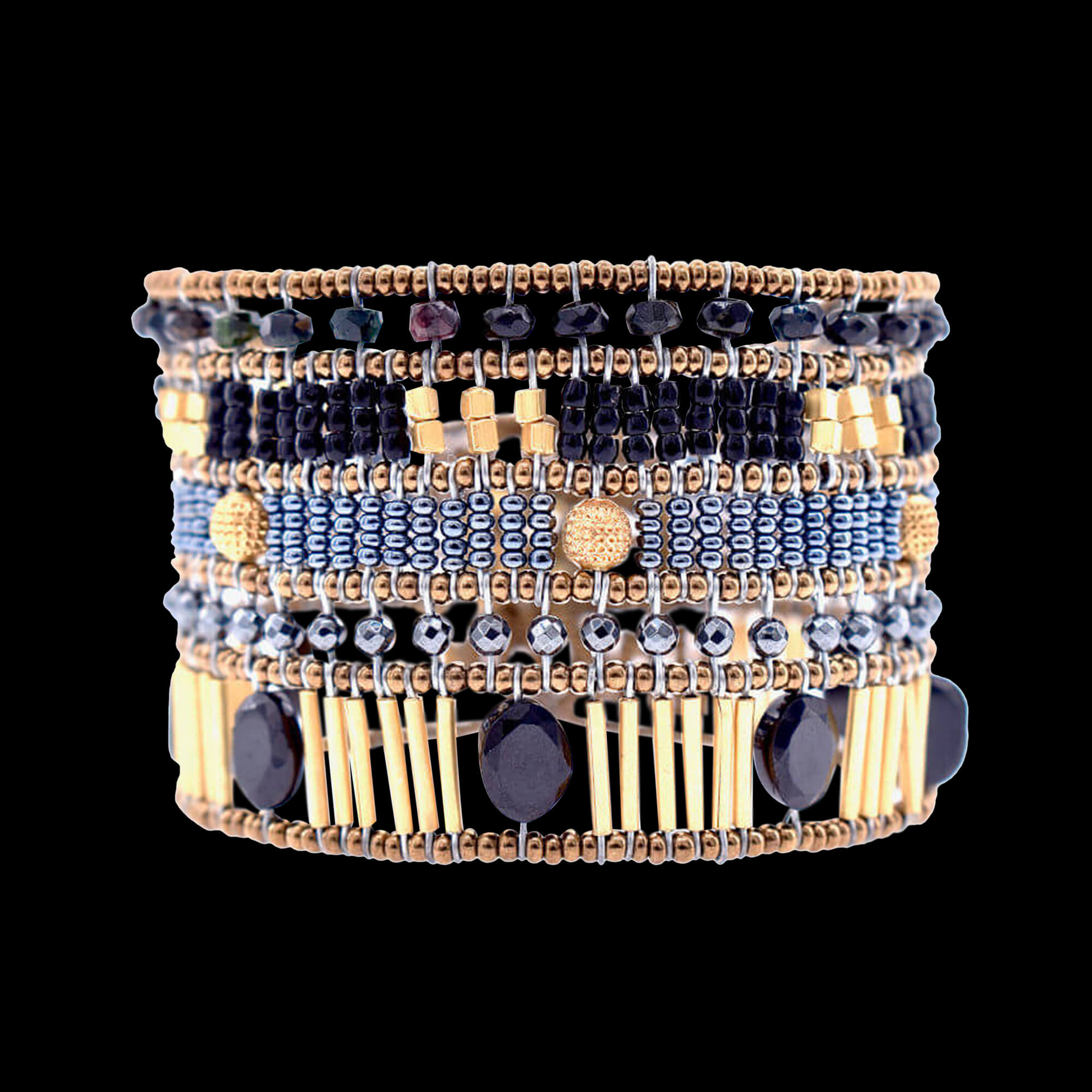 Black Bombay bracelet with hematite, tourmaline, onyx, gold-plated brass, Murano glass beads and sterling silver. Featured Brand | ZIIO. FRIDA | Fine Jewellery.