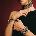 Black Bombay bracelet with hematite, tourmaline, onyx, gold-plated brass, Murano glass beads and sterling silver. Model. Featured Brand | ZIIO. FRIDA | Fine Jewellery.