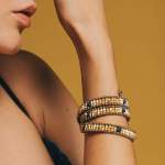 Blue Bombay boa wrap bracelet gold-plated brass and Murano glass beads. Model. Featured Brand | ZIIO. FRIDA | Fine Jewellery.