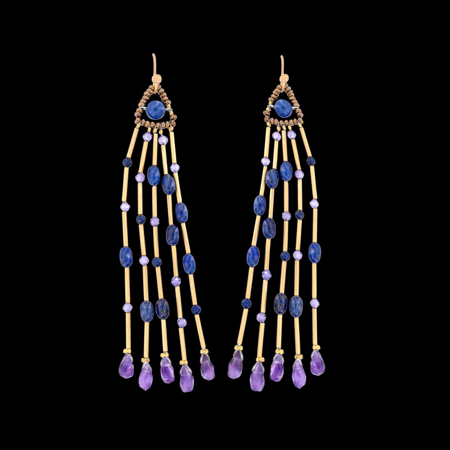 Blue Doree earrings with amethyst, lapis, gold-plated brass, Murano glass beads and sterling silver. Featured Brand | ZIIO. FRIDA | Fine Jewellery.