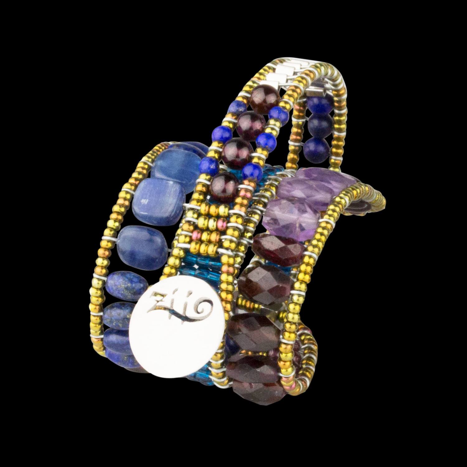 Blue Evolution bracelet with lapiz lazuli, garnet, amethyst, kyanite, Murano glass beads and silver. Featured Brand | ZIIO. FRIDA | Fine Jewellery.