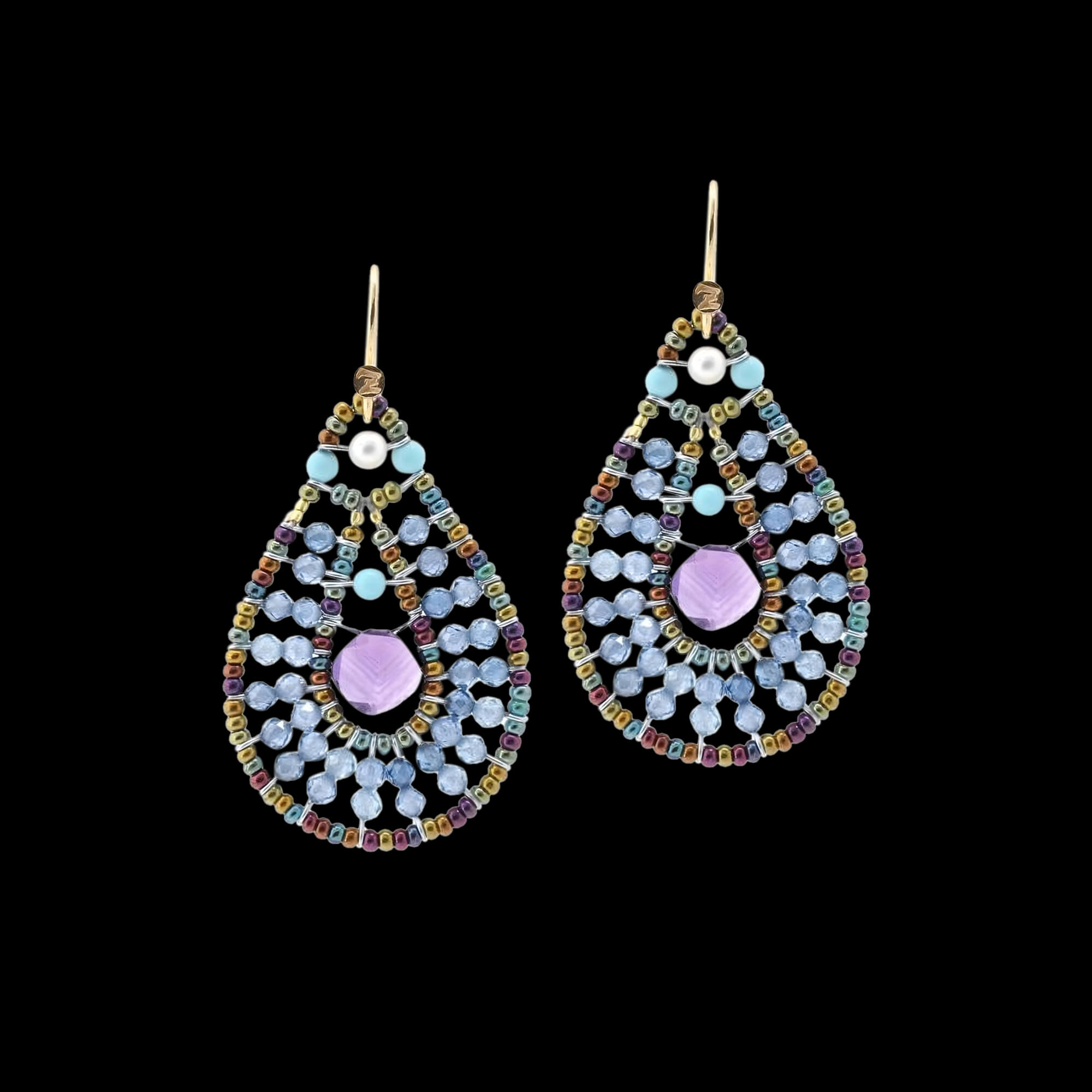 Blue Tabiz earrings with amethyst, zirconia, fresh water pearls, Murano glass beads and sterling silver. Featured Brand | ZIIO. FRIDA | Fine Jewellery.