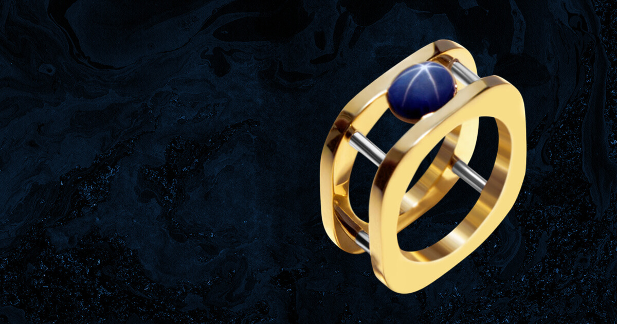 Custom 18kt gold men's engagement rings. Blue star sapphire. Banner. FRIDA | Fine Jewellery.