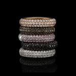 Custom 18kt gold stacking band rings pave white, pink, champagne and black diamonds. FRIDA | Fine Jewellery.