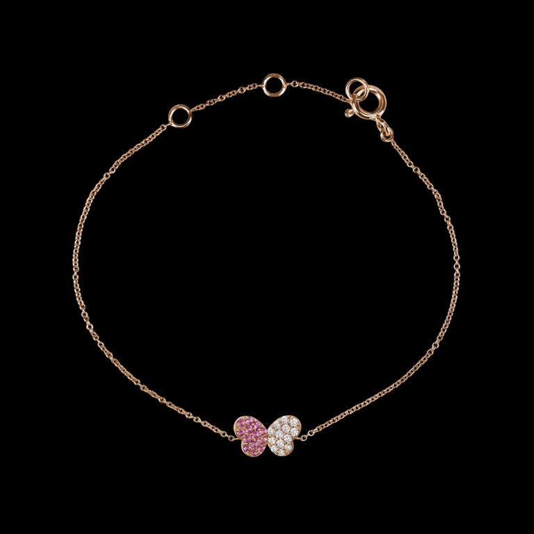 Custom 18kt pink gold butterfly bracelet with pink sapphires and white diamonds. FRIDA | Fine Jewellery.