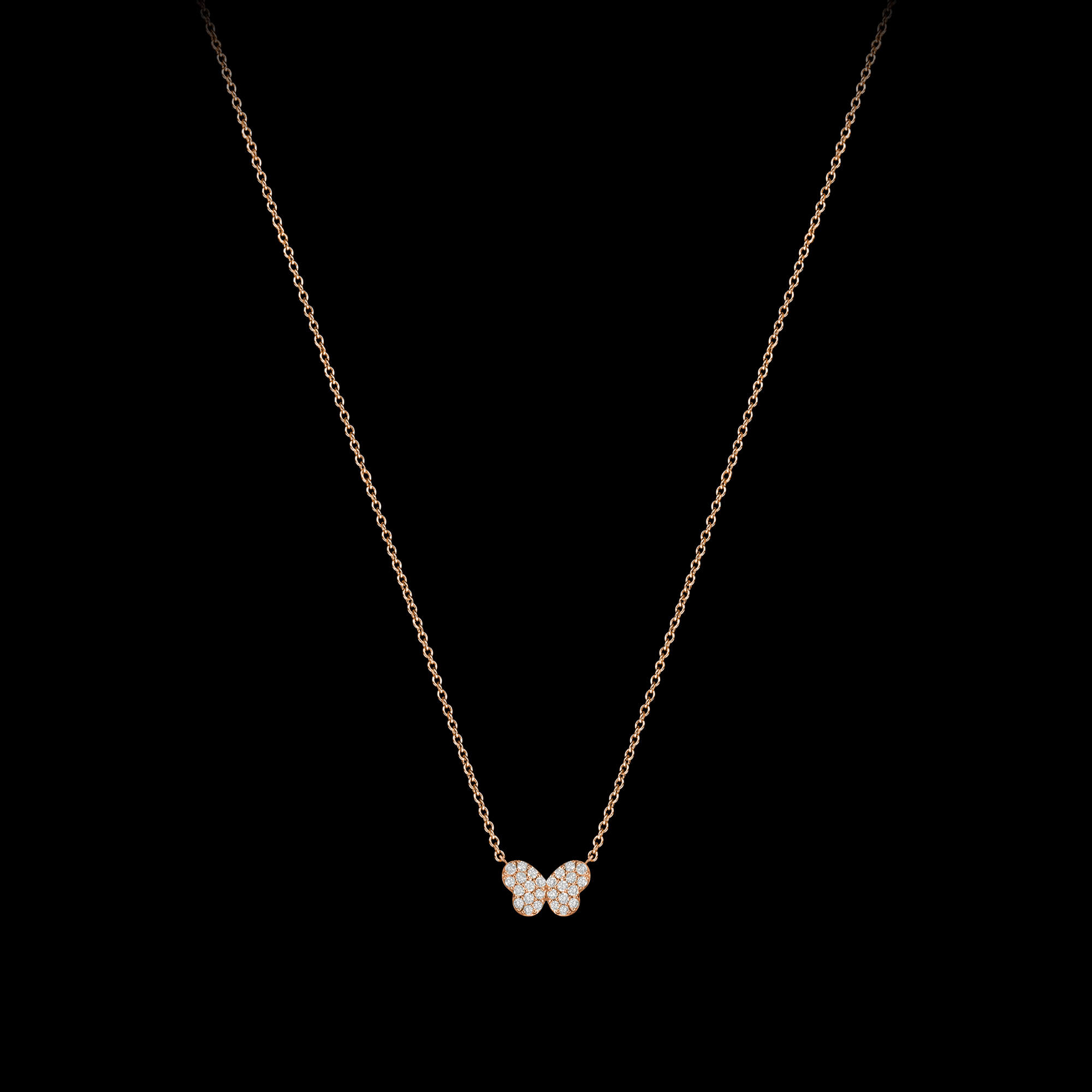 Custom 18kt pink gold butterfly necklace with diamonds. FRIDA | Fine Jewellery.
